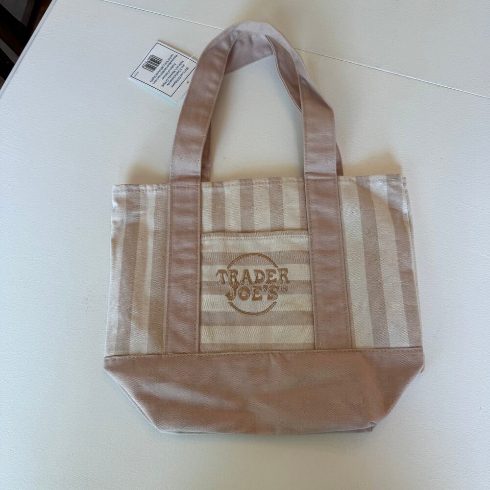 Trader Joe’s Limited Edition 2026 Mini Stripe Canvas Tote Bag NEW Beige 13x6x10
